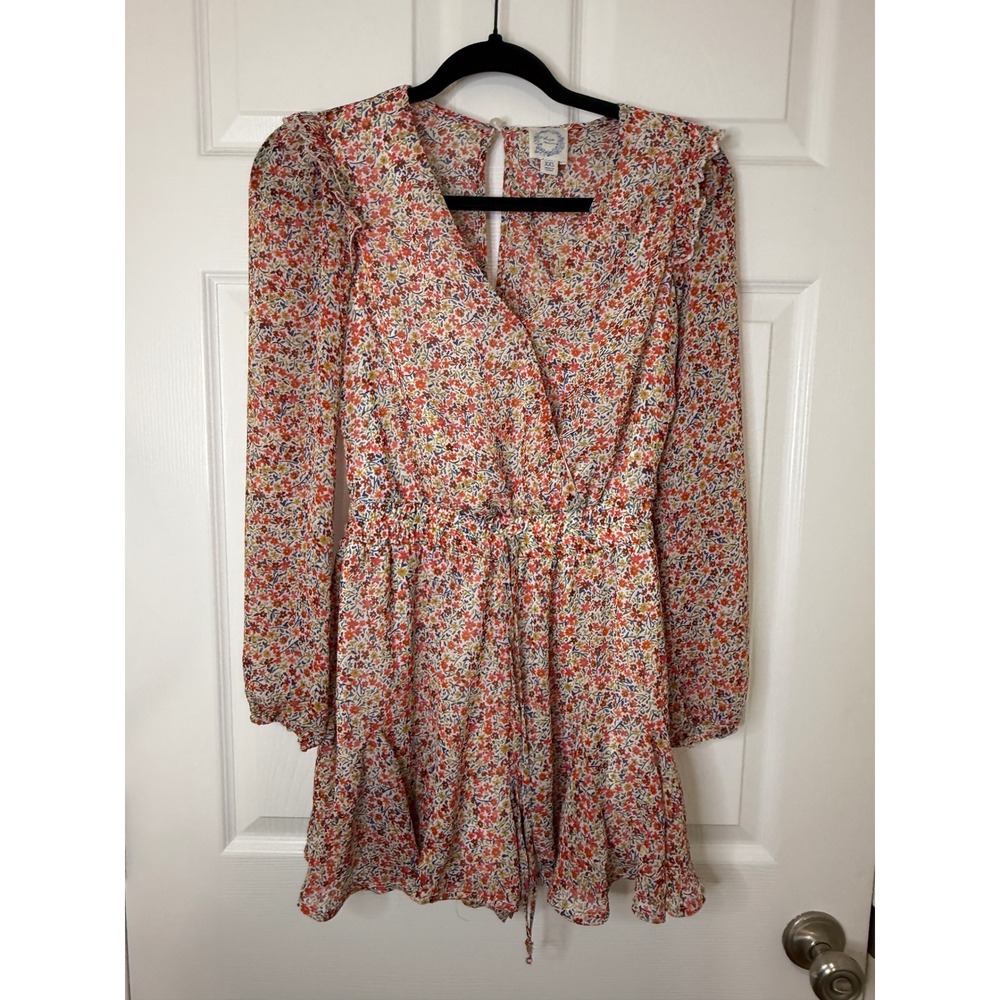 Blue Rain Floral Romper Women XXS Multicolor Romantic Ruffle Sleeve Boho V-Neck